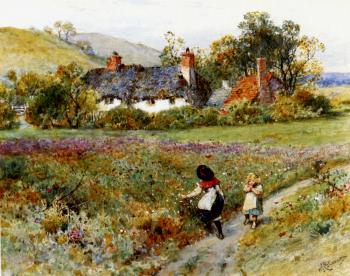 威廉 史蒂芬 科爾曼 Children Playing On A Path Cottages Beyond